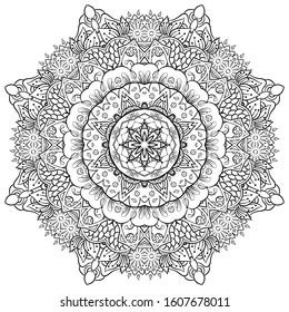 Mandala, tracery wheel mehndi design. Ethnic ornament, doodle symmetry texture. Folk traditional spiritual tribal design. Curved shape, isolated on white. Binary monochrome black and white art. Vector