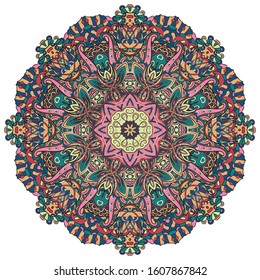 Mandala, tracery wheel mehndi design. Ethnic ornament, colorful doodle symmetry texture. Folk traditional spiritual tribal design. Curved shape, isolated on white. Color art. Vector
