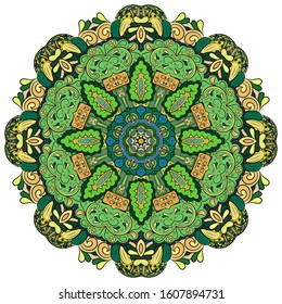 Mandala, tracery wheel mehndi design. Ethnic ornament, colorful doodle symmetry texture. Folk traditional spiritual tribal design. Curved shape, isolated on white. Color art. Vector