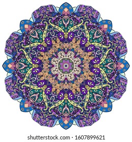 Mandala, tracery wheel mehndi design. Ethnic ornament, colorful doodle symmetry texture. Folk traditional spiritual tribal design. Curved shape, isolated on white. Color art. Vector