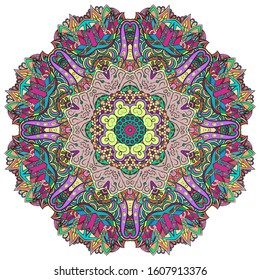 Mandala, tracery wheel mehndi design. Ethnic ornament, colorful doodle symmetry texture. Folk traditional spiritual tribal design. Curved shape, isolated on white. Color art. Vector