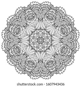 Mandala, tracery wheel mehndi design. Ethnic ornament, doodle symmetry texture. Folk traditional spiritual tribal design. Curved shape, isolated on white. Binary monochrome black and white art. Vector