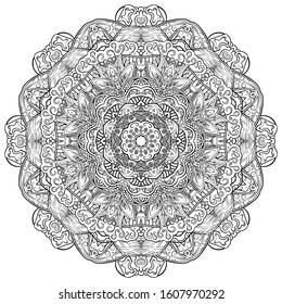 Mandala, tracery wheel mehndi design. Ethnic ornament, doodle symmetry texture. Folk traditional spiritual tribal design. Curved shape, isolated on white. Binary monochrome black and white art. Vector