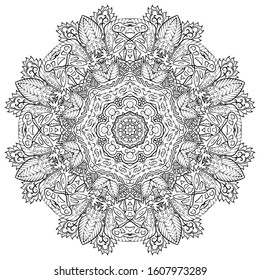 Mandala, tracery wheel mehndi design. Ethnic ornament, doodle symmetry texture. Folk traditional spiritual tribal design. Curved shape, isolated on white. Binary monochrome black and white art. Vector