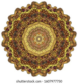 Mandala, tracery wheel mehndi design. Ethnic ornament, colorful doodle symmetry texture. Folk traditional spiritual tribal design. Curved shape, isolated on white. Color art. Vector