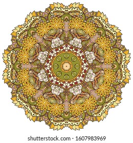 Mandala, tracery wheel mehndi design. Ethnic ornament, colorful doodle symmetry texture. Folk traditional spiritual tribal design. Curved shape, isolated on white. Color art. Vector