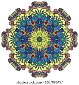 Mandala, tracery wheel mehndi design. Ethnic ornament, colorful doodle symmetry texture. Folk traditional spiritual tribal design. Curved shape, isolated on white. Color art. Vector