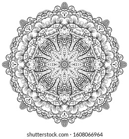 Mandala, tracery wheel mehndi design. Ethnic ornament, doodle symmetry texture. Folk traditional spiritual tribal design. Curved shape, isolated on white. Binary monochrome black and white art. Vector