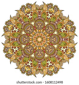 Mandala, tracery wheel mehndi design. Ethnic ornament, colorful doodle symmetry texture. Folk traditional spiritual tribal design. Curved shape, isolated on white. Color art. Vector