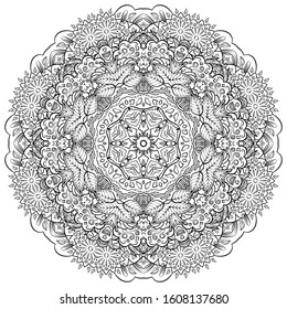 Mandala, tracery wheel mehndi design. Ethnic ornament, doodle symmetry texture. Folk traditional spiritual tribal design. Curved shape, isolated on white. Binary monochrome black and white art. Vector