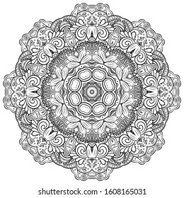 Mandala, tracery wheel mehndi design. Ethnic ornament, doodle symmetry texture. Folk traditional spiritual tribal design. Curved shape, isolated on white. Binary monochrome black and white art. Vector