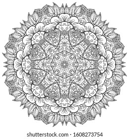 Mandala, tracery wheel mehndi design. Ethnic ornament, doodle symmetry texture. Folk traditional spiritual tribal design. Curved shape, isolated on white. Binary monochrome black and white art. Vector