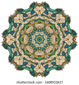 Mandala, tracery wheel mehndi design. Ethnic ornament, colorful doodle symmetry texture. Folk traditional spiritual tribal design. Curved shape, isolated on white. Color art. Vector