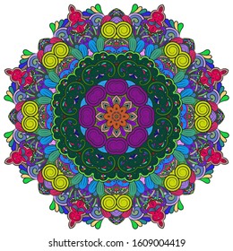Mandala, tracery wheel mehndi design. Ethnic ornament, colorful doodle symmetry texture. Folk traditional spiritual tribal design. Curved shape, isolated on white. Color art. Vector