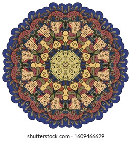 Mandala, tracery wheel mehndi design. Ethnic ornament, colorful doodle symmetry texture. Folk traditional spiritual tribal design. Curved shape, isolated on white. Color art. Vector