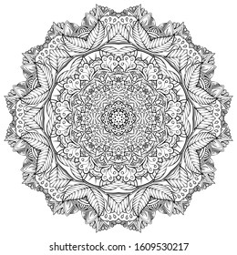 Mandala, tracery wheel mehndi design. Ethnic ornament, doodle symmetry texture. Folk traditional spiritual tribal design. Curved shape, isolated on white. Binary monochrome black and white art. Vector
