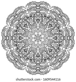Mandala, tracery wheel mehndi design. Ethnic ornament, doodle symmetry texture. Folk traditional spiritual tribal design. Curved shape, isolated on white. Binary monochrome black and white art. Vector