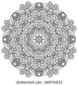 Mandala, tracery wheel mehndi design. Ethnic ornament, doodle symmetry texture. Folk traditional spiritual tribal design. Curved shape, isolated on white. Binary monochrome black and white art. Vector