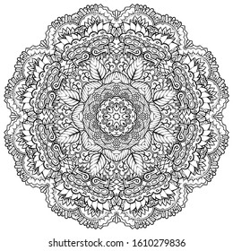 Mandala, tracery wheel mehndi design. Ethnic ornament, doodle symmetry texture. Folk traditional spiritual tribal design. Curved shape, isolated on white. Binary monochrome black and white art. Vector
