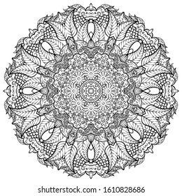 Mandala, tracery wheel mehndi design. Ethnic ornament, doodle symmetry texture. Folk traditional spiritual tribal design. Curved shape, isolated on white. Binary monochrome black and white art. Vector