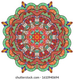 Mandala, tracery wheel mehndi design. Ethnic ornament, colorful doodle symmetry texture. Folk traditional spiritual tribal design. Curved shape, isolated on white. Color art. Vector