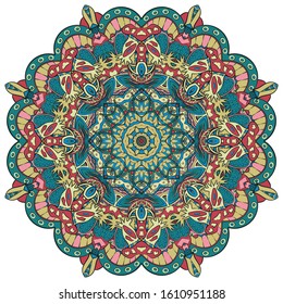 Mandala, tracery wheel mehndi design. Ethnic ornament, colorful doodle symmetry texture. Folk traditional spiritual tribal design. Curved shape, isolated on white. Color art. Vector