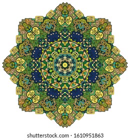 Mandala, tracery wheel mehndi design. Ethnic ornament, colorful doodle symmetry texture. Folk traditional spiritual tribal design. Curved shape, isolated on white. Color art. Vector