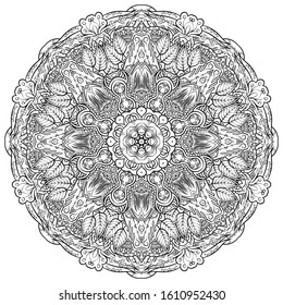 Mandala, tracery wheel mehndi design. Ethnic ornament, doodle symmetry texture. Folk traditional spiritual tribal design. Curved shape, isolated on white. Binary monochrome black and white art. Vector