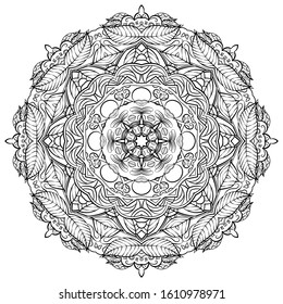 Mandala, tracery wheel mehndi design. Ethnic ornament, doodle symmetry texture. Folk traditional spiritual tribal design. Curved shape, isolated on white. Binary monochrome black and white art. Vector