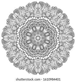Mandala, tracery wheel mehndi design. Ethnic ornament, doodle symmetry texture. Folk traditional spiritual tribal design. Curved shape, isolated on white. Binary monochrome black and white art. Vector