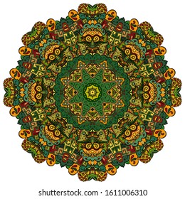 Mandala, tracery wheel mehndi design. Ethnic ornament, colorful doodle symmetry texture. Folk traditional spiritual tribal design. Curved shape, isolated on white. Color art. Vector