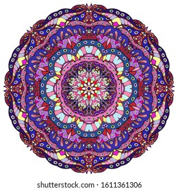 Mandala, tracery wheel mehndi design. Ethnic ornament, colorful doodle symmetry texture. Folk traditional spiritual tribal design. Curved shape, isolated on white. Color art. Vector