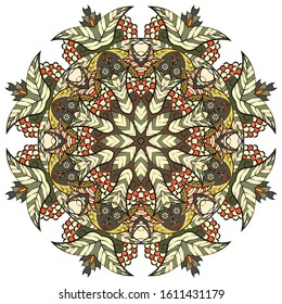 Mandala, tracery wheel mehndi design. Ethnic ornament, colorful doodle symmetry texture. Folk traditional spiritual tribal design. Curved shape, isolated on white. Color art. Vector