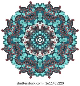 Mandala, tracery wheel mehndi design. Ethnic ornament, colorful doodle symmetry texture. Folk traditional spiritual tribal design. Curved shape, isolated on white. Color art. Vector