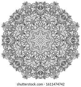 Mandala, tracery wheel mehndi design. Ethnic ornament, doodle symmetry texture. Folk traditional spiritual tribal design. Curved shape, isolated on white. Binary monochrome black and white art. Vector