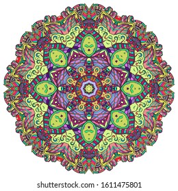 Mandala, tracery wheel mehndi design. Ethnic ornament, colorful doodle symmetry texture. Folk traditional spiritual tribal design. Curved shape, isolated on white. Color art. Vector