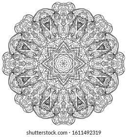 Mandala, tracery wheel mehndi design. Ethnic ornament, doodle symmetry texture. Folk traditional spiritual tribal design. Curved shape, isolated on white. Binary monochrome black and white art. Vector