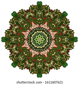 Mandala, tracery wheel mehndi design. Ethnic ornament, colorful doodle symmetry texture. Folk traditional spiritual tribal design. Curved shape, isolated on white. Color art. Vector