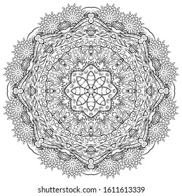 Mandala, tracery wheel mehndi design. Ethnic ornament, doodle symmetry texture. Folk traditional spiritual tribal design. Curved shape, isolated on white. Binary monochrome black and white art. Vector