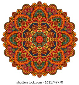 Mandala, tracery wheel mehndi design. Ethnic ornament, colorful doodle symmetry texture. Folk traditional spiritual tribal design. Curved shape, isolated on white. Color art. Vector