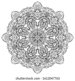 Mandala, tracery wheel mehndi design. Ethnic ornament, doodle symmetry texture. Folk traditional spiritual tribal design. Curved shape, isolated on white. Binary monochrome black and white art. Vector