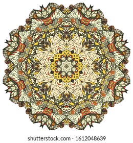 Mandala, tracery wheel mehndi design. Ethnic ornament, colorful doodle symmetry texture. Folk traditional spiritual tribal design. Curved shape, isolated on white. Color art. Vector