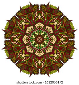 Mandala, tracery wheel mehndi design. Ethnic ornament, colorful doodle symmetry texture. Folk traditional spiritual tribal design. Curved shape, isolated on white. Color art. Vector