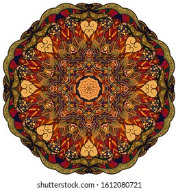Mandala, tracery wheel mehndi design. Ethnic ornament, colorful doodle symmetry texture. Folk traditional spiritual tribal design. Curved shape, isolated on white. Color art. Vector