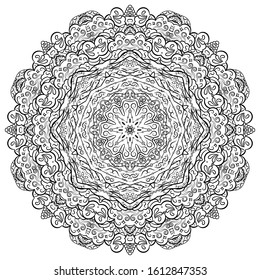 Mandala, tracery wheel mehndi design. Ethnic ornament, doodle symmetry texture. Folk traditional spiritual tribal design. Curved shape, isolated on white. Binary monochrome black and white art. Vector