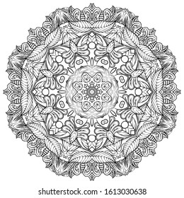 Mandala, tracery wheel mehndi design. Ethnic ornament, doodle symmetry texture. Folk traditional spiritual tribal design. Curved shape, isolated on white. Binary monochrome black and white art. Vector