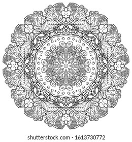 Mandala, tracery wheel mehndi design. Ethnic ornament, doodle symmetry texture. Folk traditional spiritual tribal design. Curved shape, isolated on white. Binary monochrome black and white art. Vector