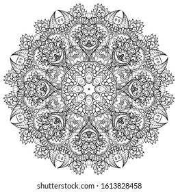 Mandala, tracery wheel mehndi design. Ethnic ornament, doodle symmetry texture. Folk traditional spiritual tribal design. Curved shape, isolated on white. Binary monochrome black and white art. Vector