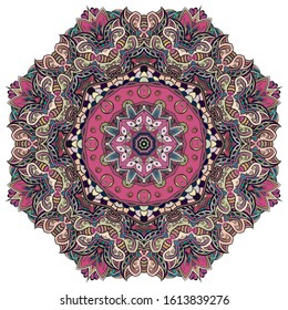 Mandala, tracery wheel mehndi design. Ethnic ornament, colorful doodle symmetry texture. Folk traditional spiritual tribal design. Curved shape, isolated on white. Color art. Vector