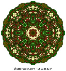 Mandala, tracery wheel mehndi design. Ethnic ornament, colorful doodle symmetry texture. Folk traditional spiritual tribal design. Curved shape, isolated on white. Color art. Vector